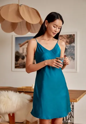 LIGHT SATIN SILK SLIP DRESS TEAL GREEN