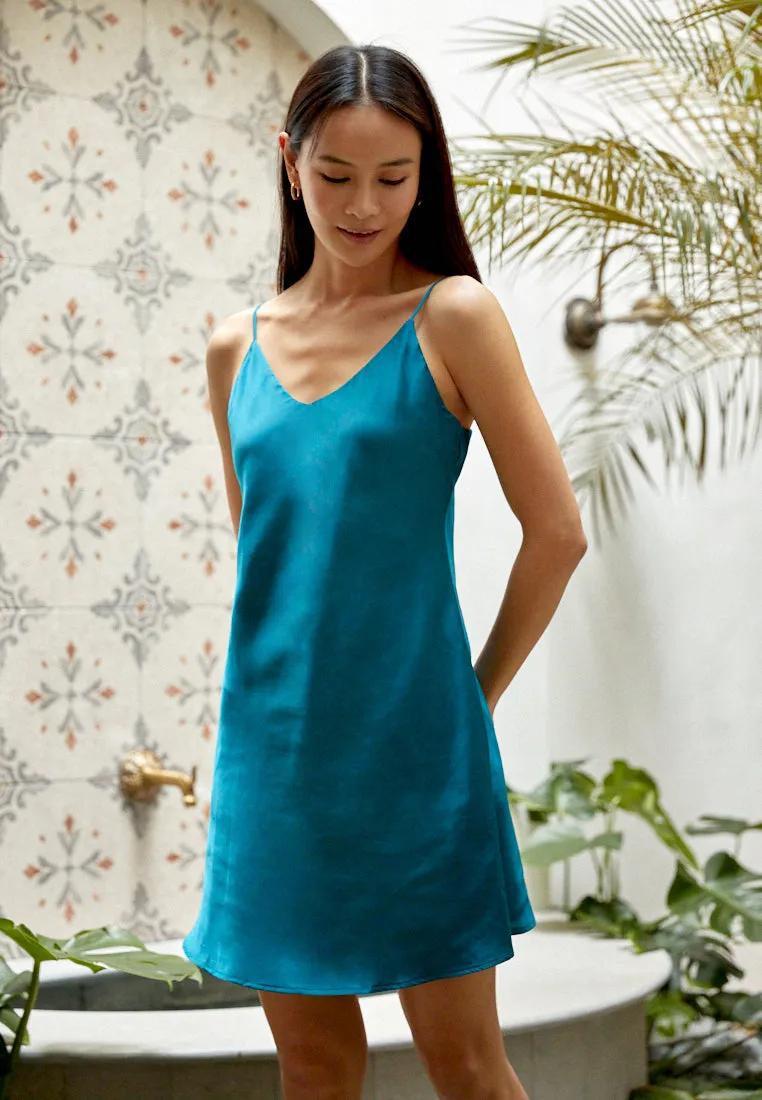 LIGHT SATIN SILK SLIP DRESS TEAL GREEN
