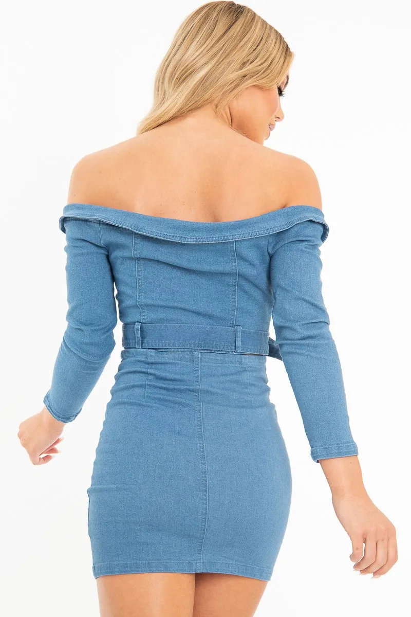Light Wash Denim Biker Crop Top Skirt Co-Ord - Meika