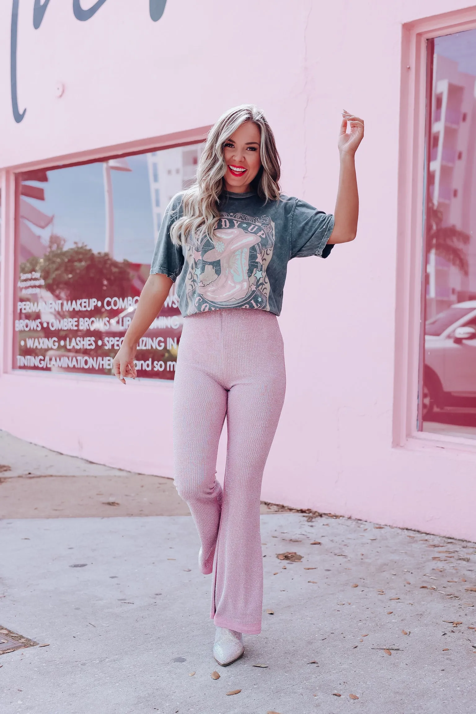 Luminous Finish Flare Pants - Light Pink
