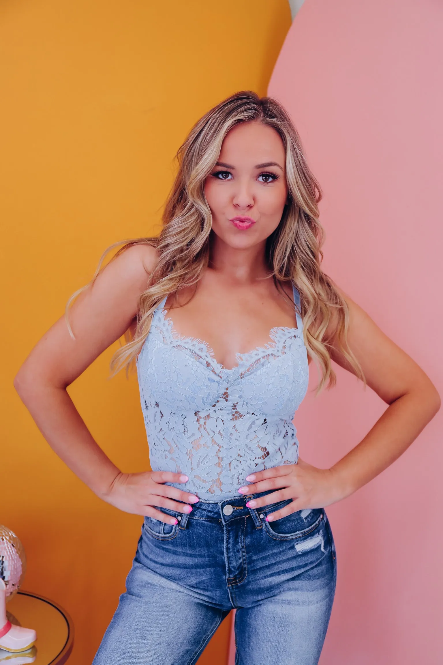Lusciously Trimmed Lace Bustier Bodysuit - Blue