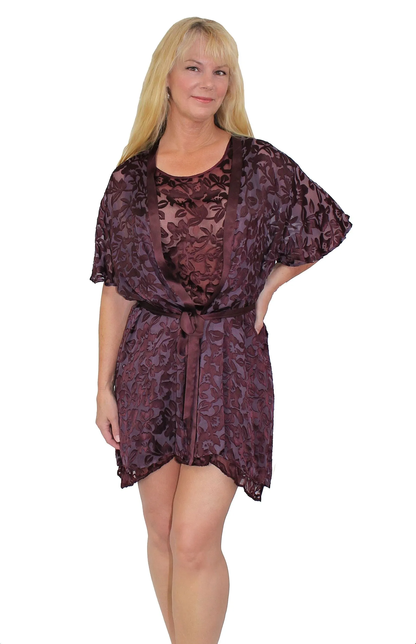 Luxury Nightgown and Robe Set Silk Burnout Short Peignoir Set