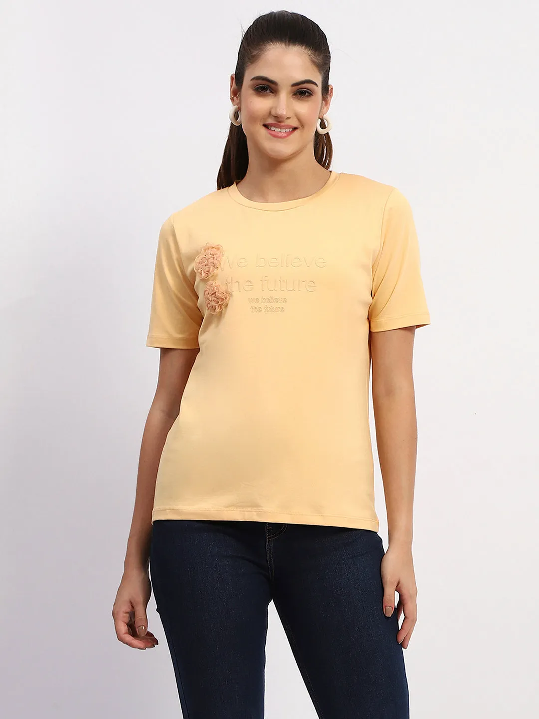 Madame Sinker Handworked Graphic Print Round Neck Light Orange Top