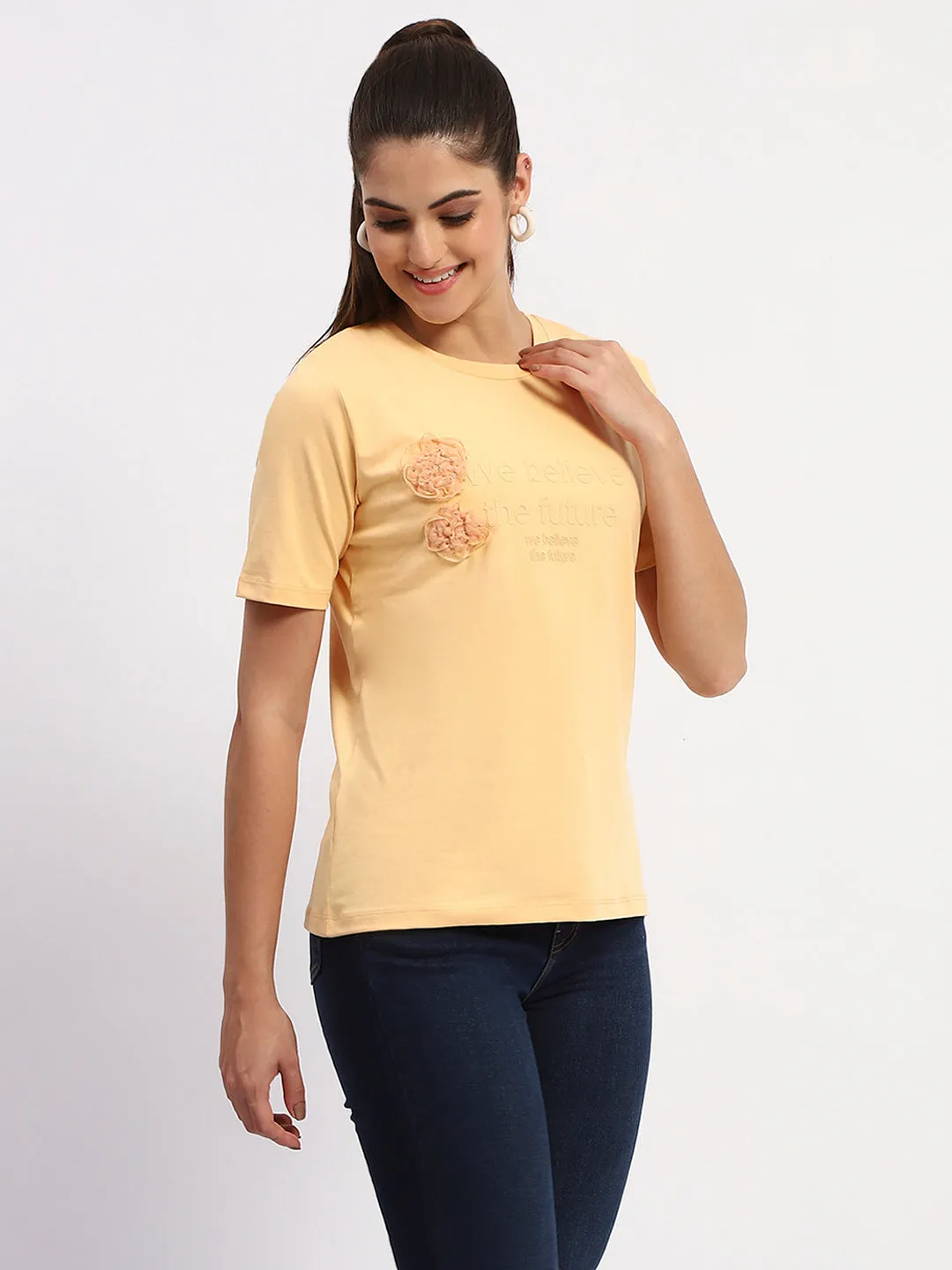 Madame Sinker Handworked Graphic Print Round Neck Light Orange Top