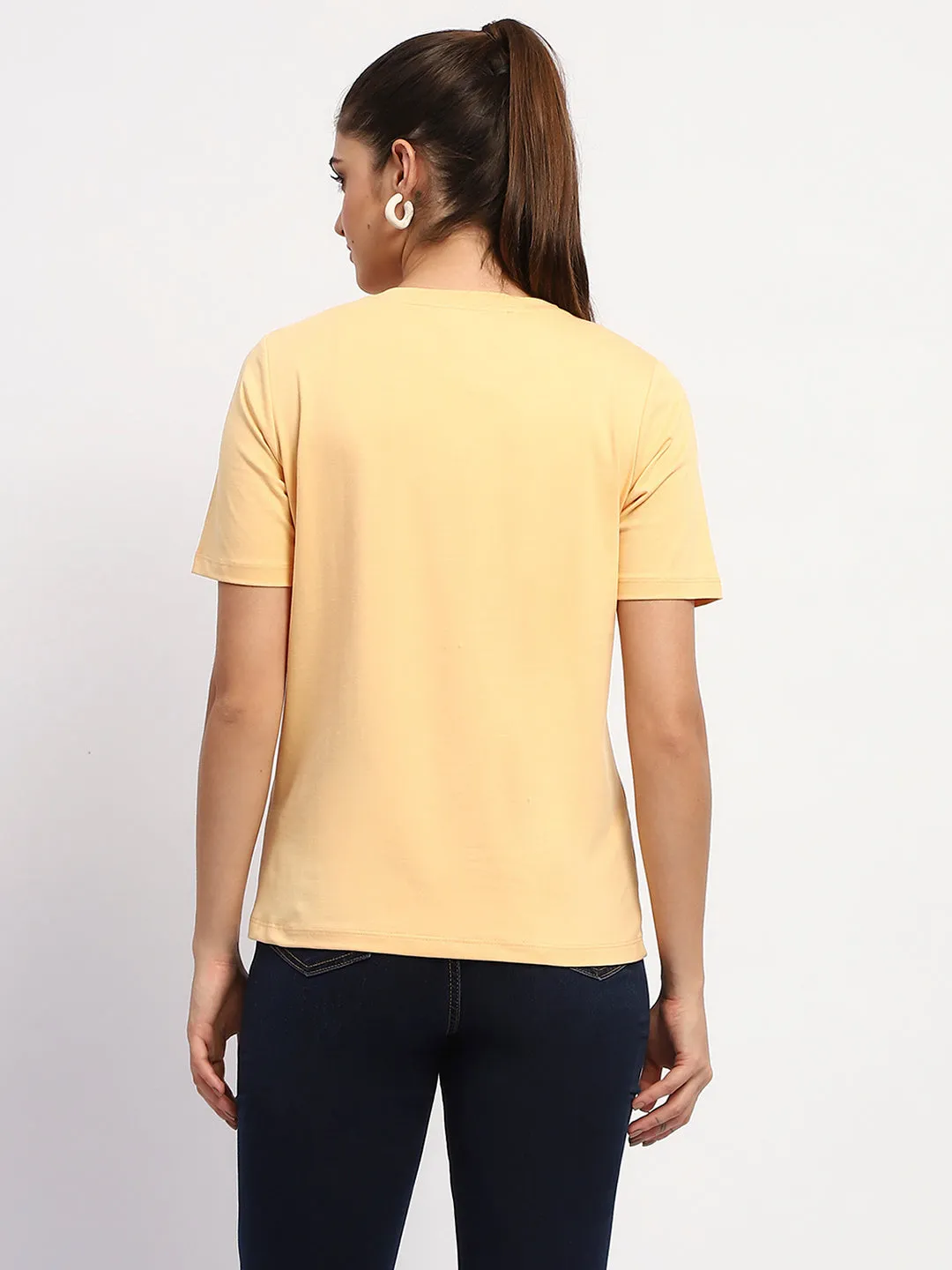 Madame Sinker Handworked Graphic Print Round Neck Light Orange Top