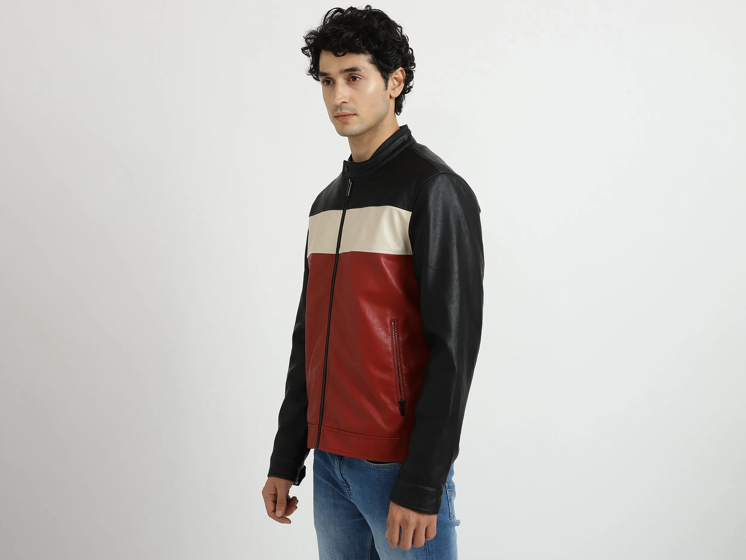 Men Solid Band Collar Jacket