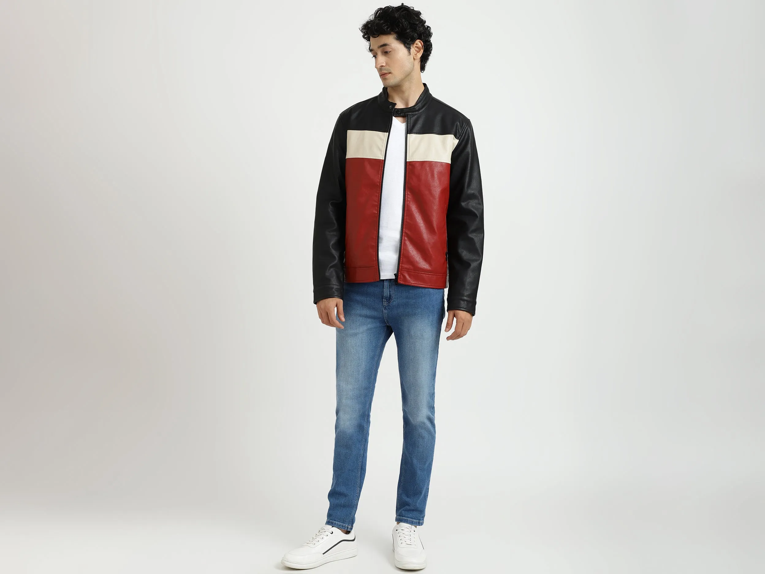 Men Solid Band Collar Jacket
