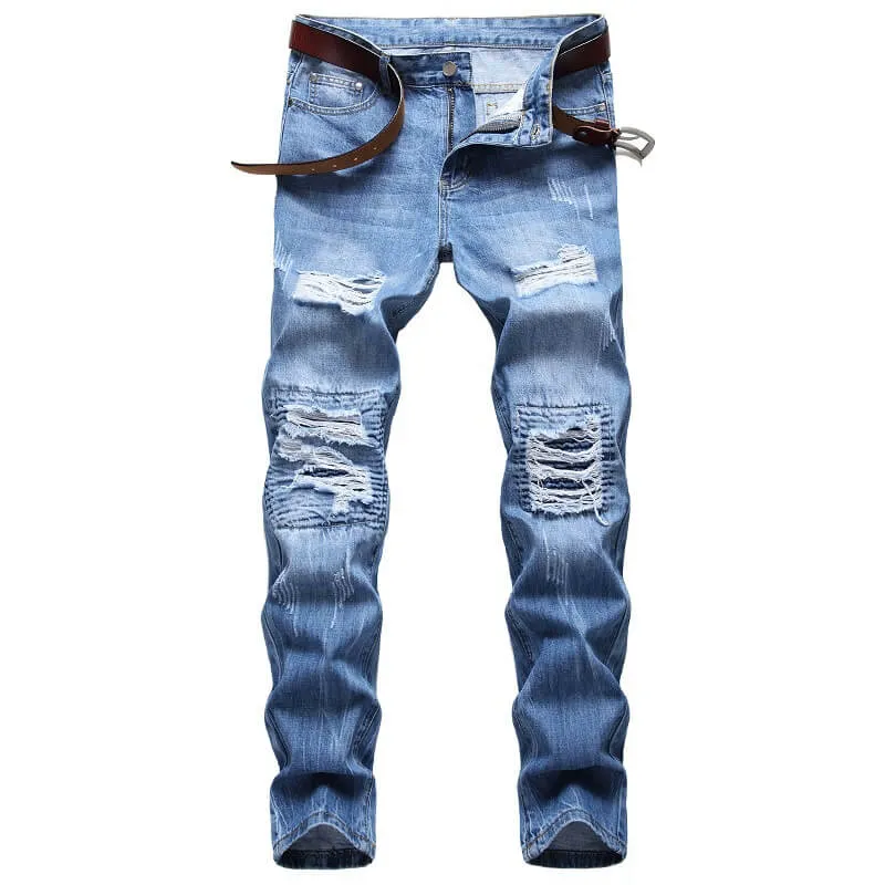 Men's Ripped Jeans Individuality Mid Waisted Jeans Straight Pants