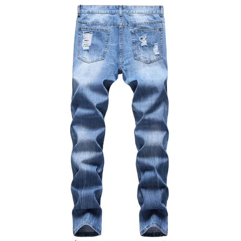 Men's Ripped Jeans Individuality Mid Waisted Jeans Straight Pants