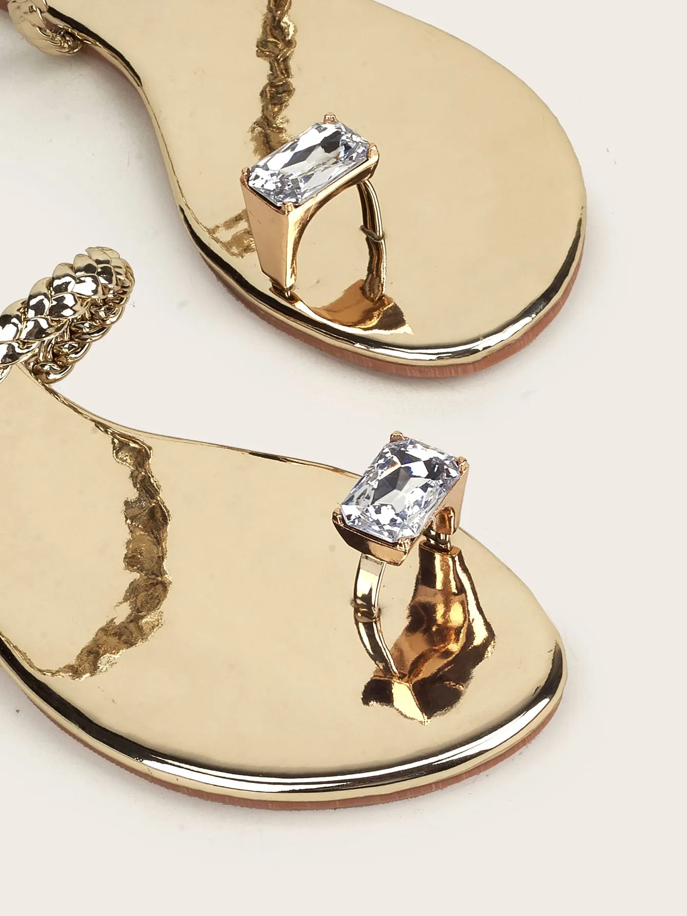 Metallic Rhinestone Decor Braided Thong Sandals