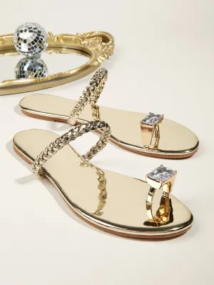 Metallic Rhinestone Decor Braided Thong Sandals
