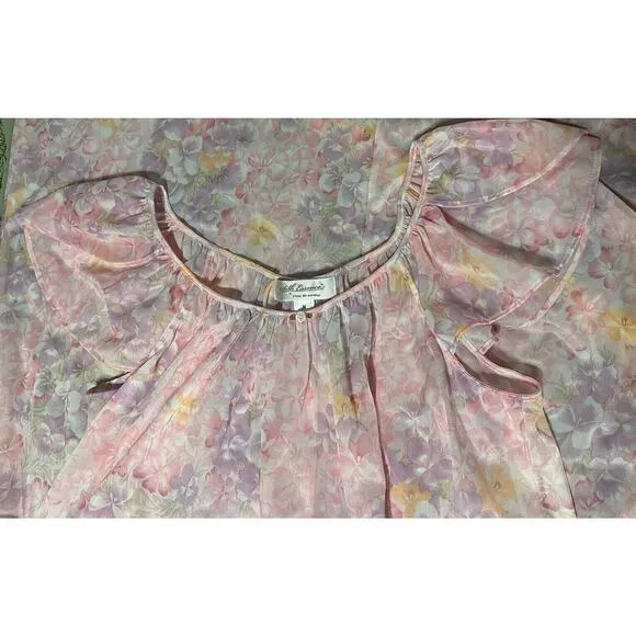 Miss Elaine Pink Pansy FLORAL Silky Short Fluttered Sleeve Long Nightgown Sz M