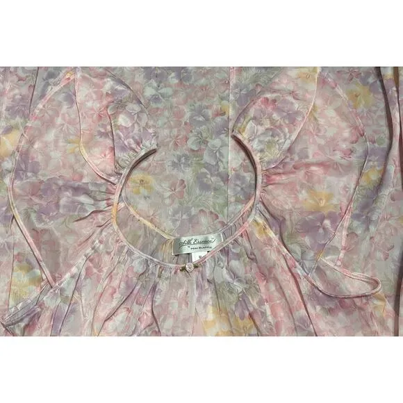 Miss Elaine Pink Pansy FLORAL Silky Short Fluttered Sleeve Long Nightgown Sz M