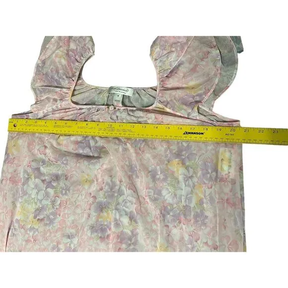 Miss Elaine Pink Pansy FLORAL Silky Short Fluttered Sleeve Long Nightgown Sz M