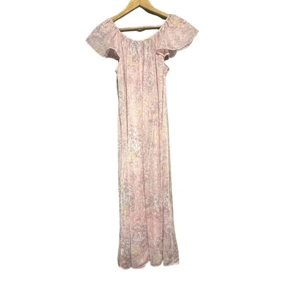 Miss Elaine Pink Pansy FLORAL Silky Short Fluttered Sleeve Long Nightgown Sz M