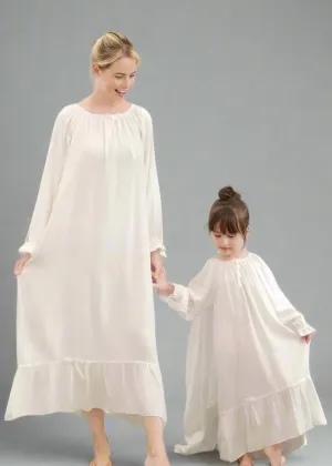 Mother-Daughter Matching Long White Nightgown – Elegant Ruffle Trim Sleep Dress
