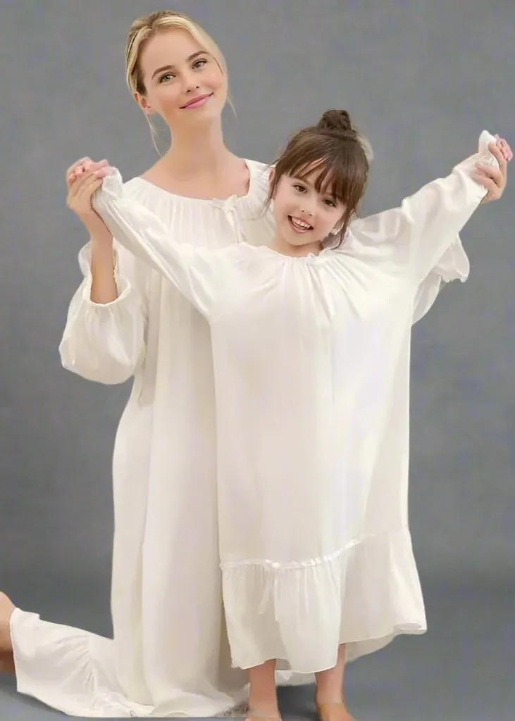 Mother-Daughter Matching Long White Nightgown – Elegant Ruffle Trim Sleep Dress
