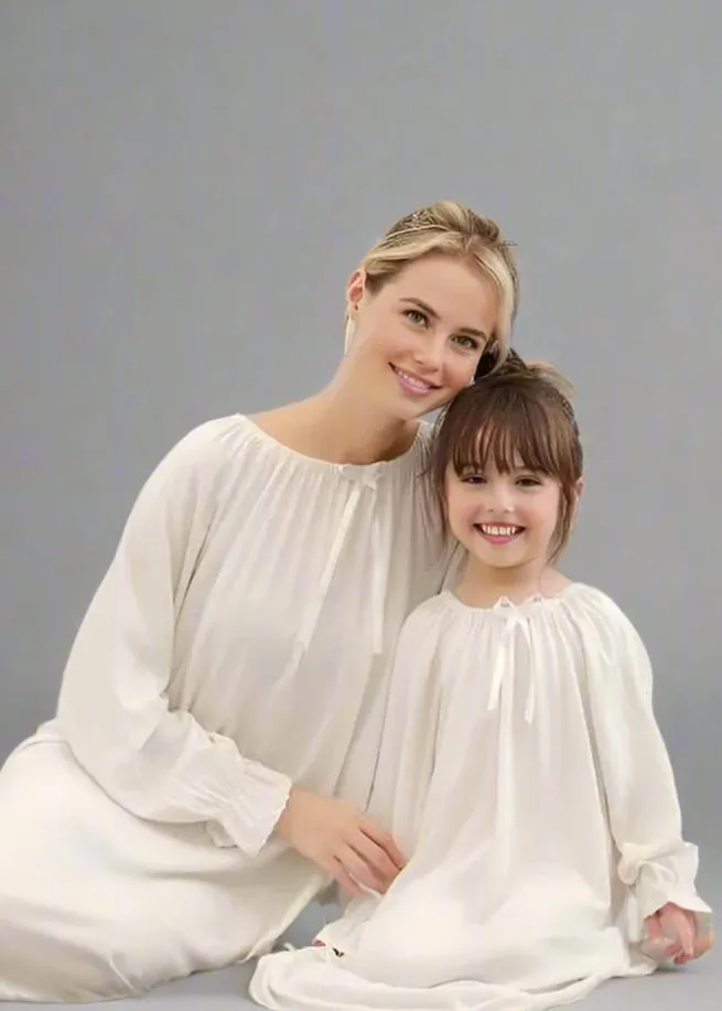 Mother-Daughter Matching Long White Nightgown – Elegant Ruffle Trim Sleep Dress