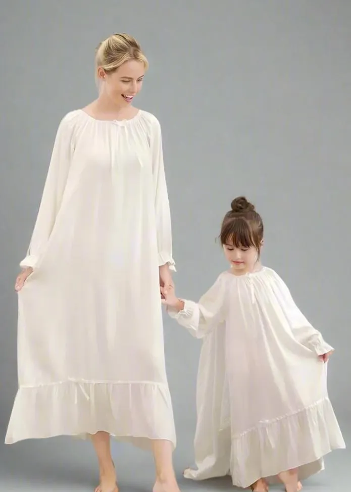 Mother-Daughter Matching Long White Nightgown – Elegant Ruffle Trim Sleep Dress
