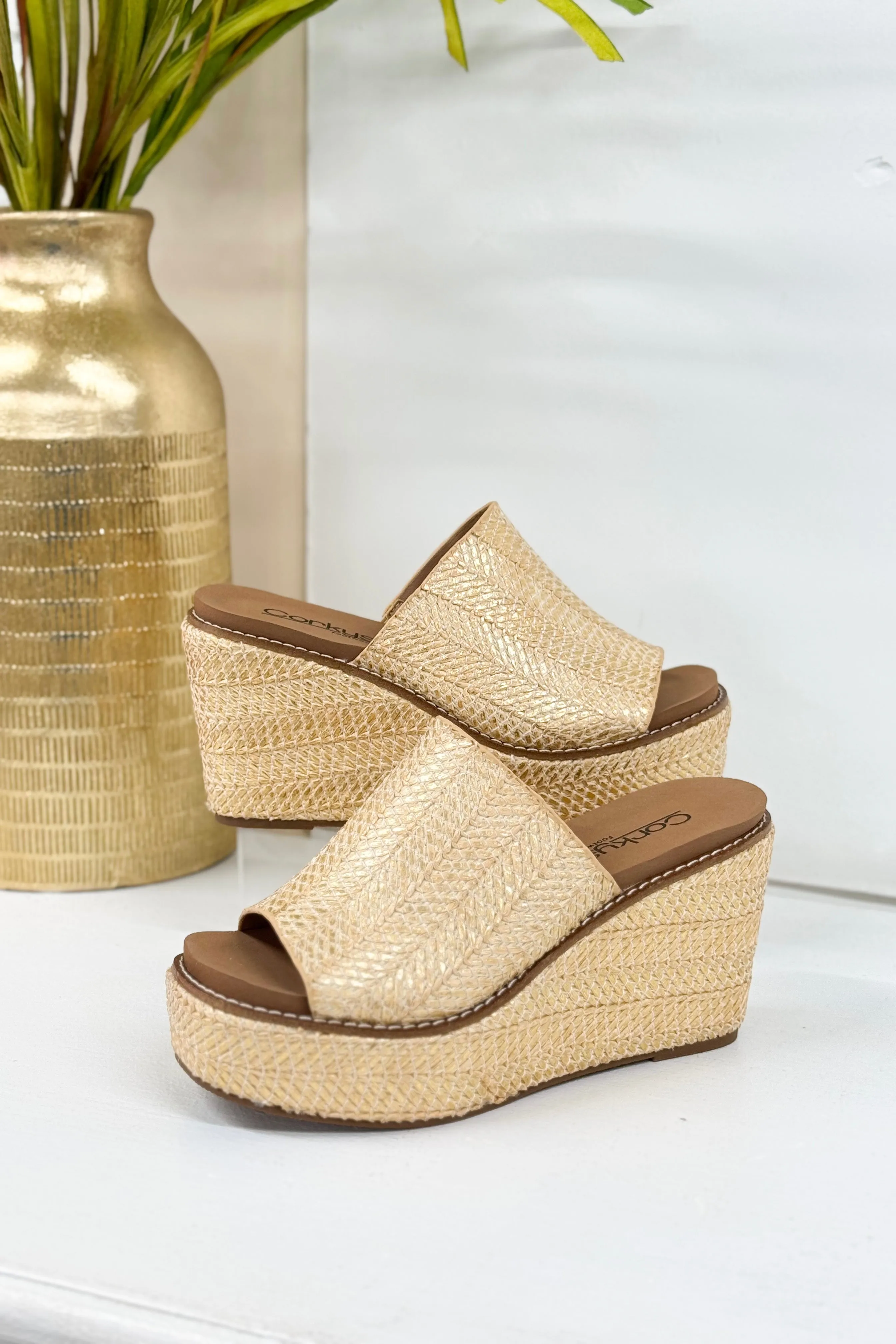 Mugshot Gold Raffia Cork Wedge