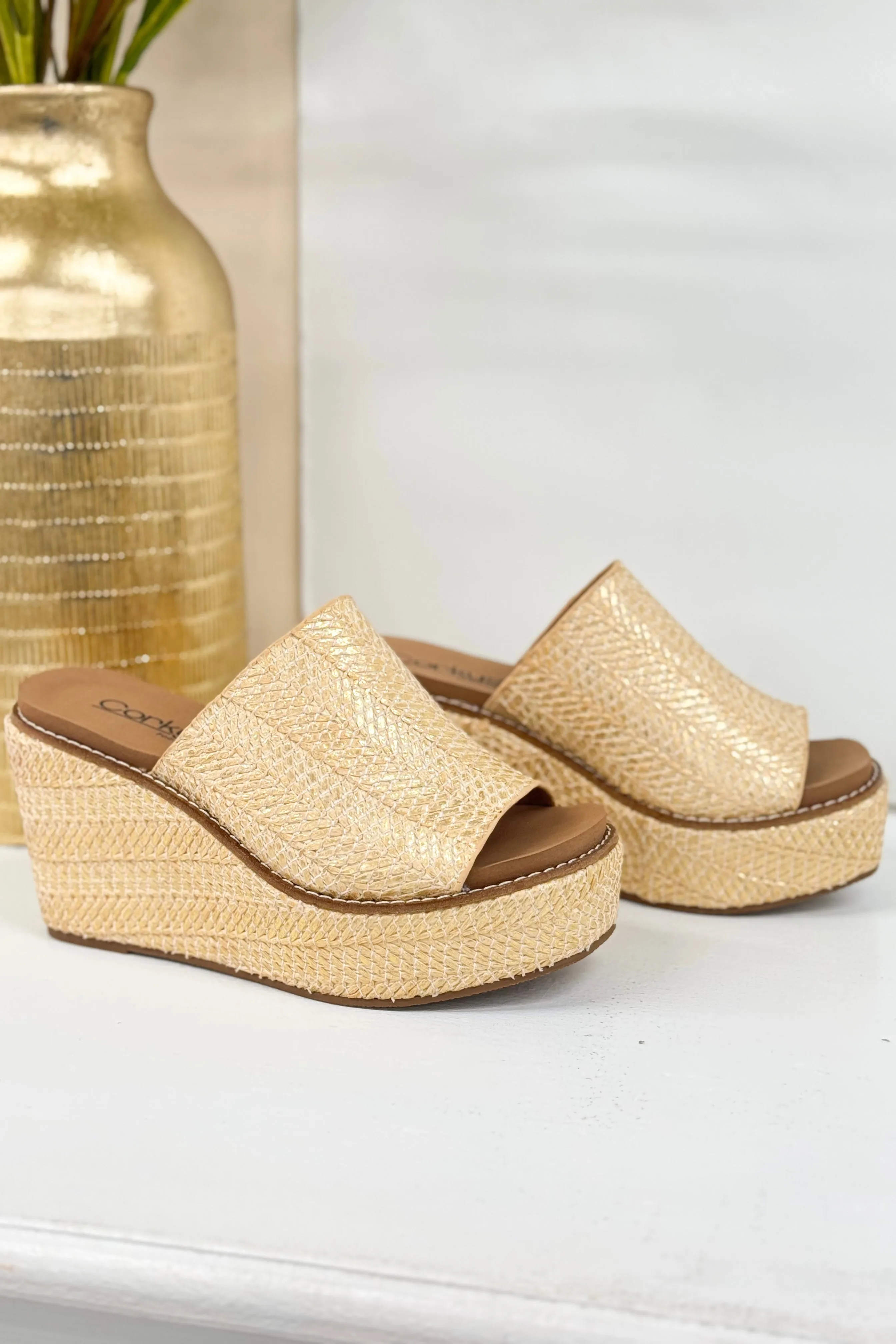 Mugshot Gold Raffia Cork Wedge