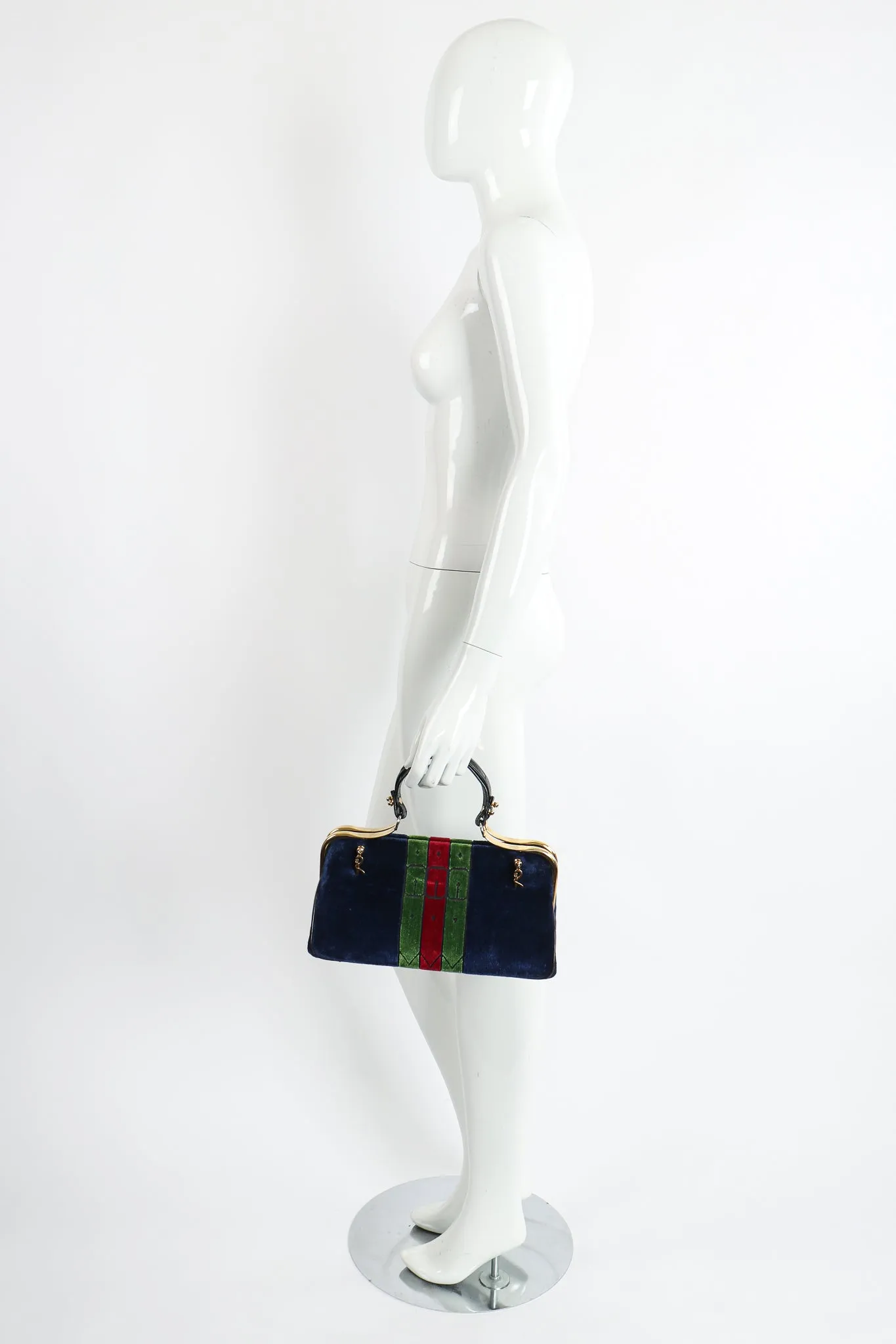 Navy Stripe Velvet Frame Handbag