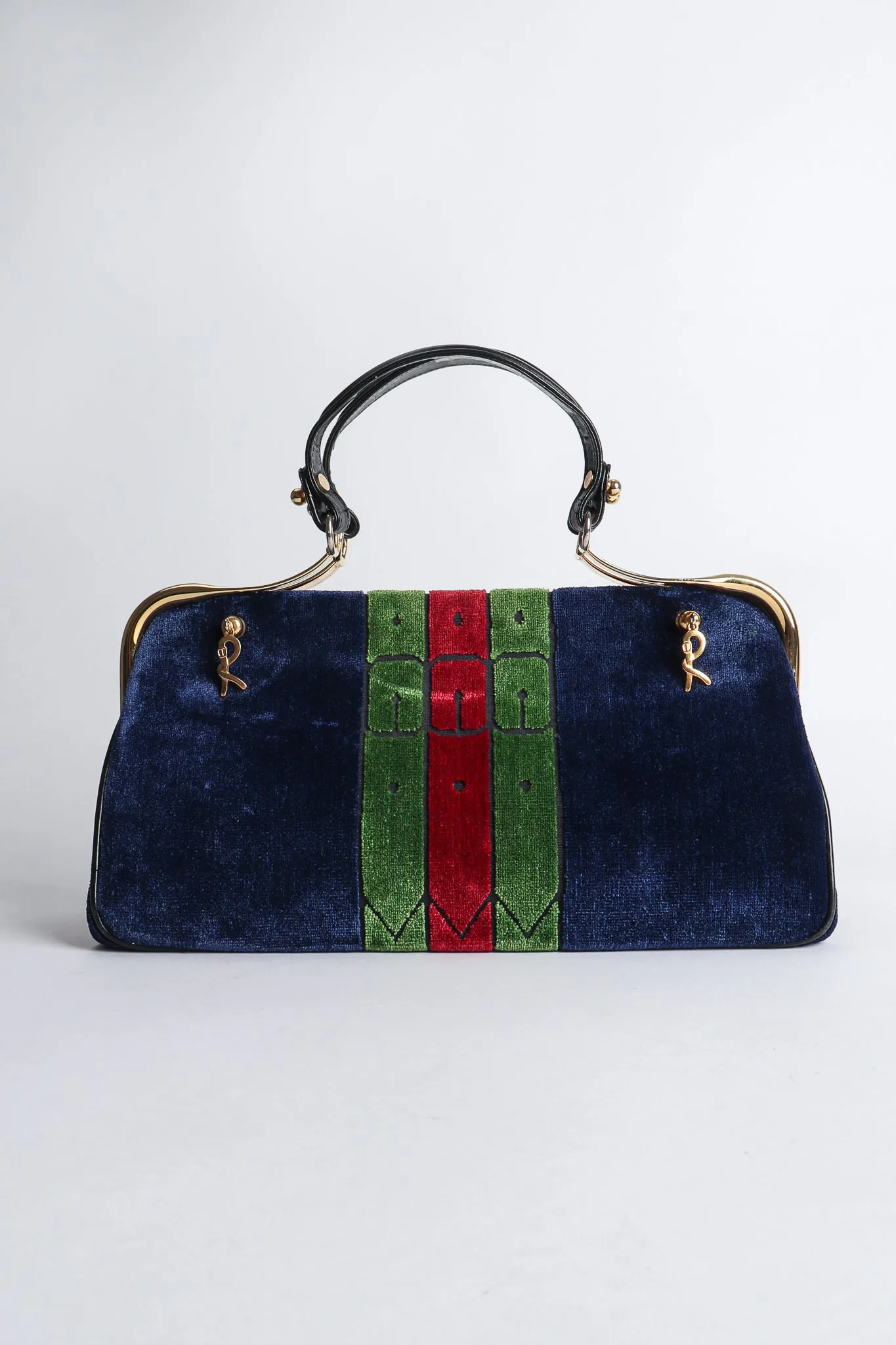 Navy Stripe Velvet Frame Handbag