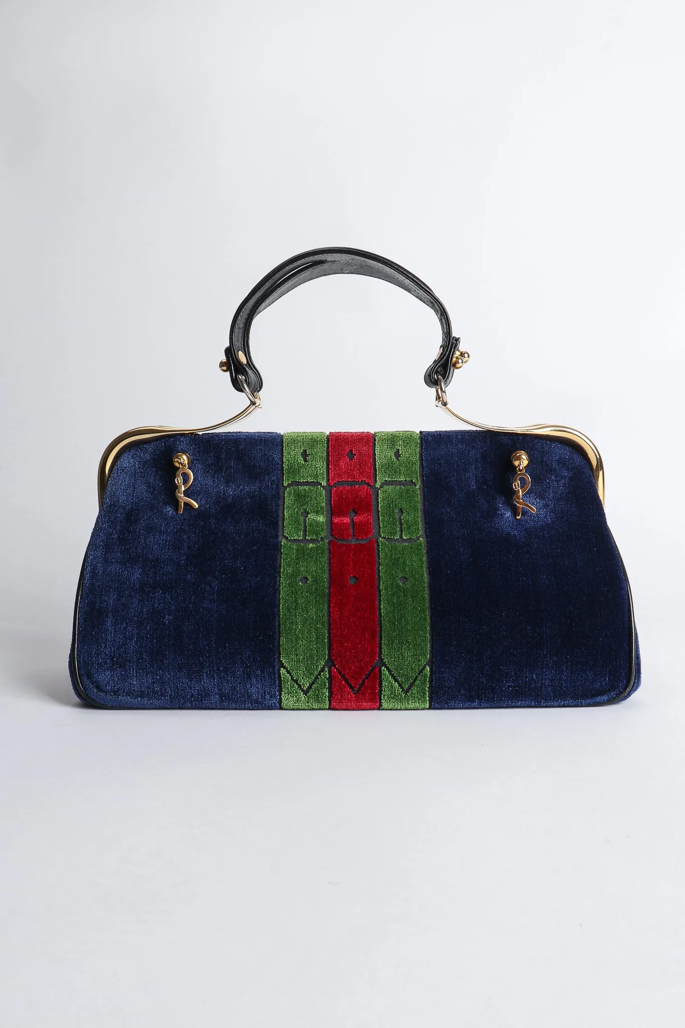 Navy Stripe Velvet Frame Handbag