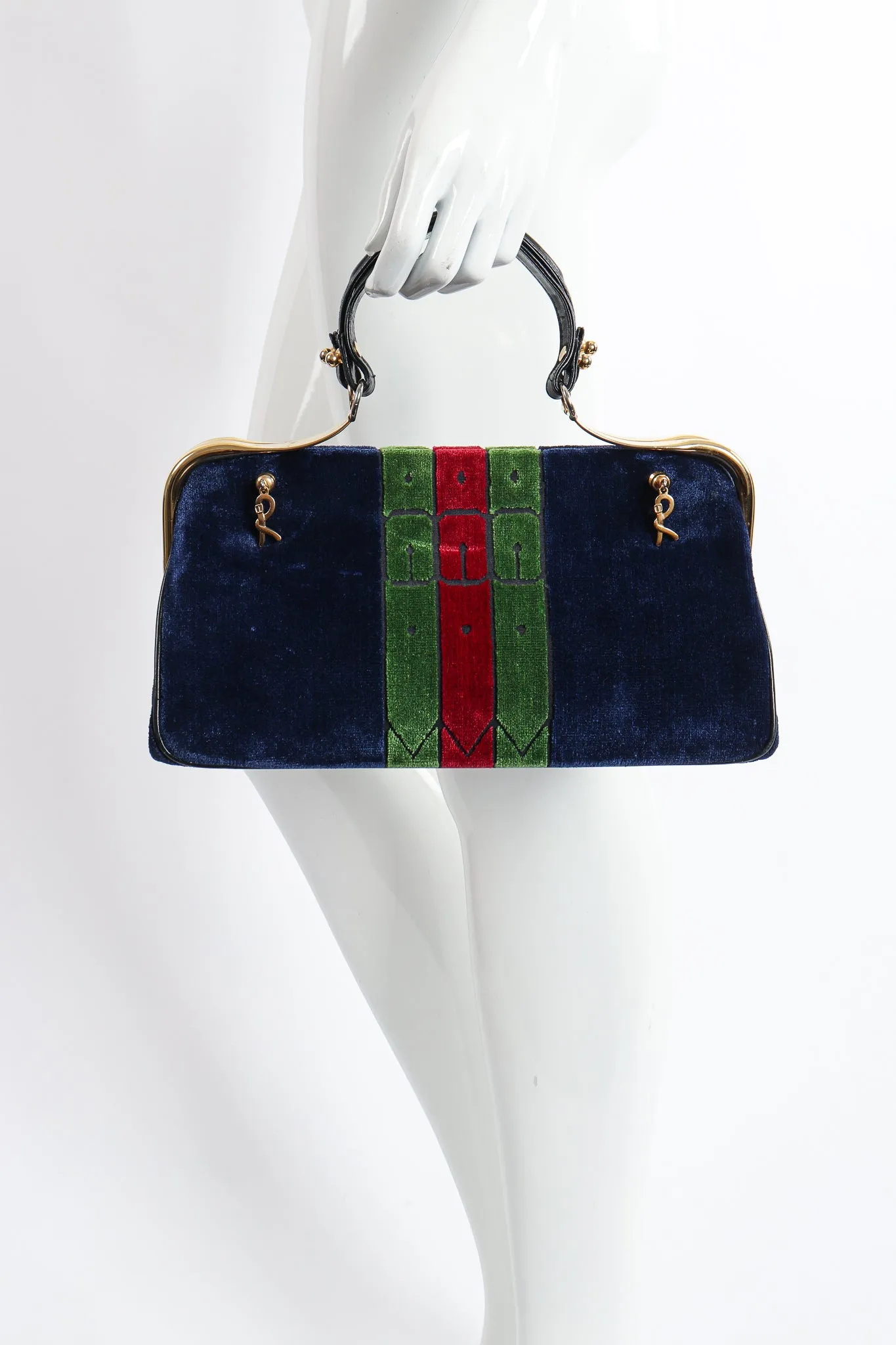 Navy Stripe Velvet Frame Handbag