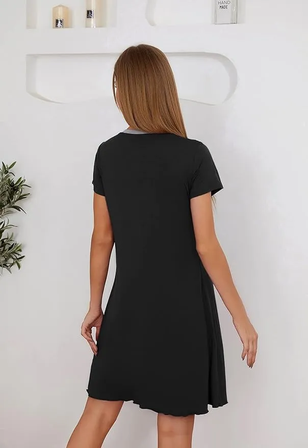New LittleMax Women's Pleated Nightgown Pajama Nightshirt in Black, Sz L