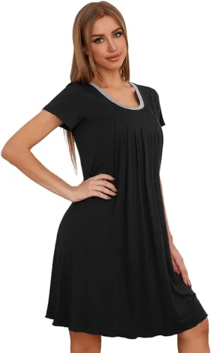 New LittleMax Women's Pleated Nightgown Pajama Nightshirt in Black, Sz L