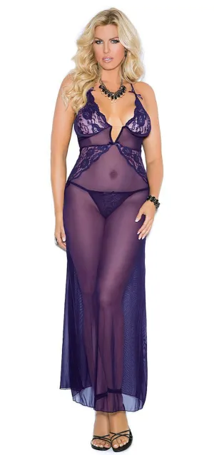 Nightgown Women's 1X Purple Sheer Lace and Mesh Lingerie Long Gown Plus Size