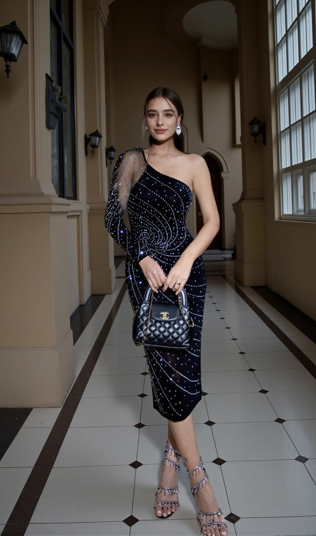One-shoulder rhinestone fitted dress