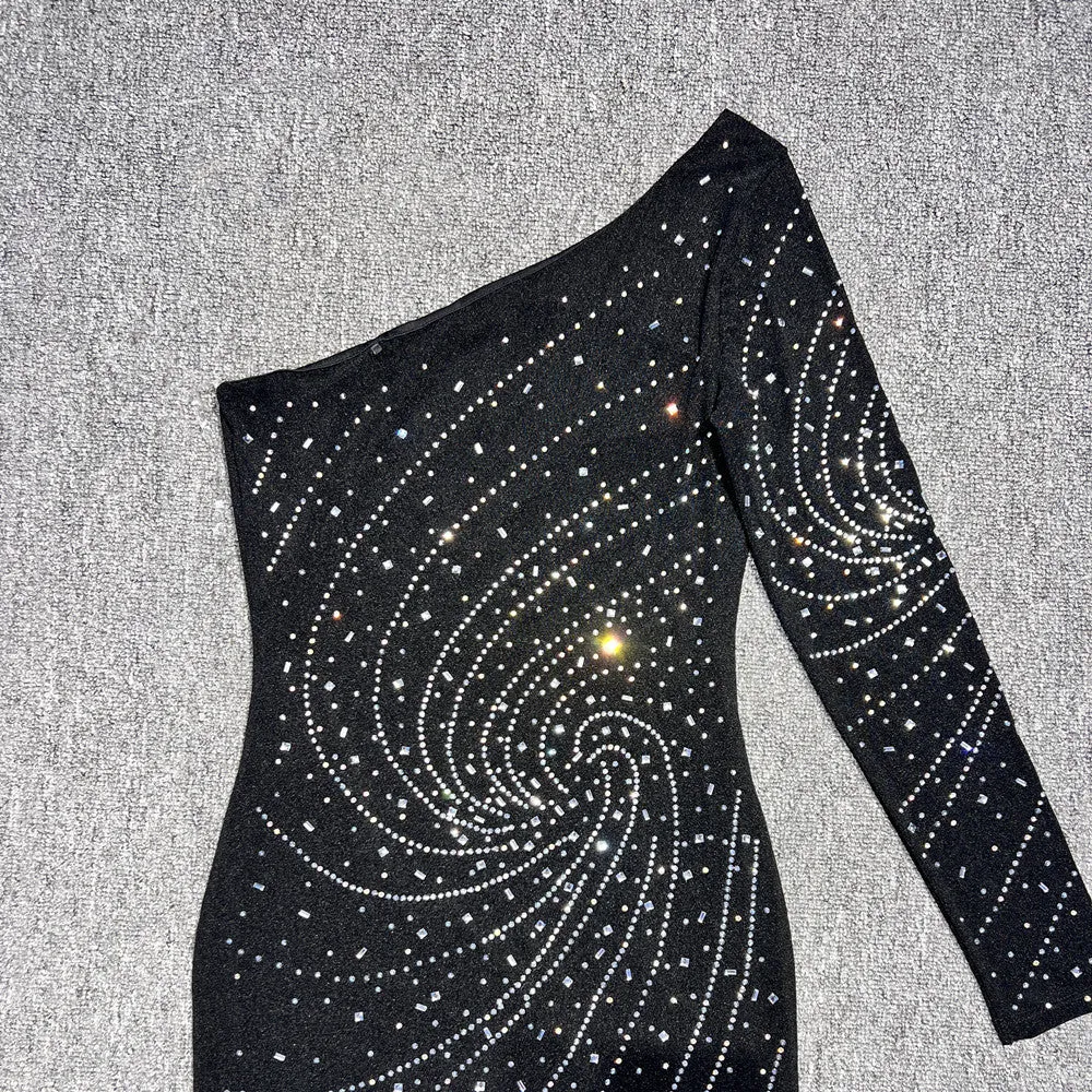 One-shoulder rhinestone fitted dress