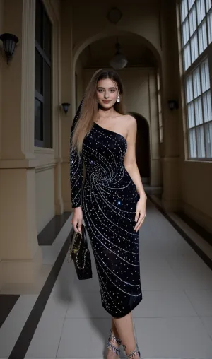 One-shoulder rhinestone fitted dress