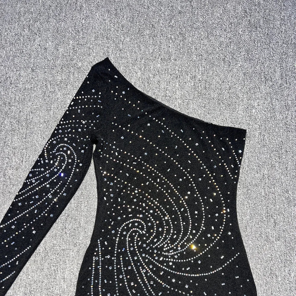 One-shoulder rhinestone fitted dress
