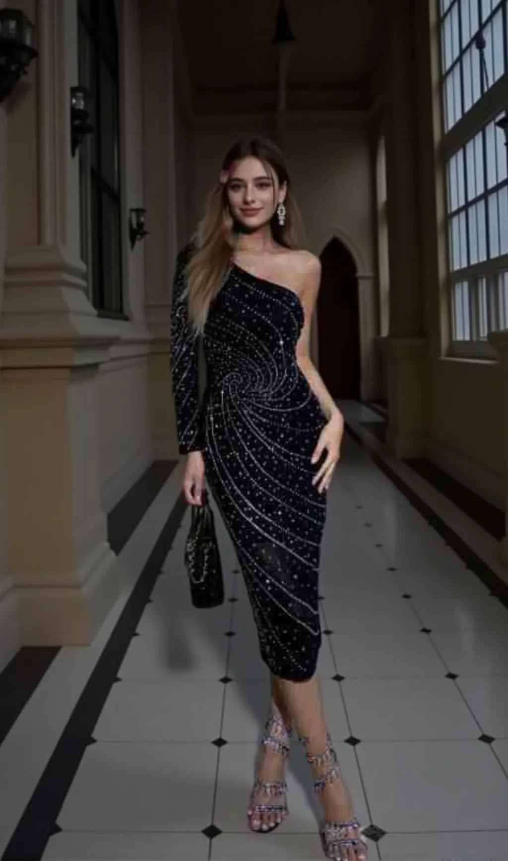 One-shoulder rhinestone fitted dress