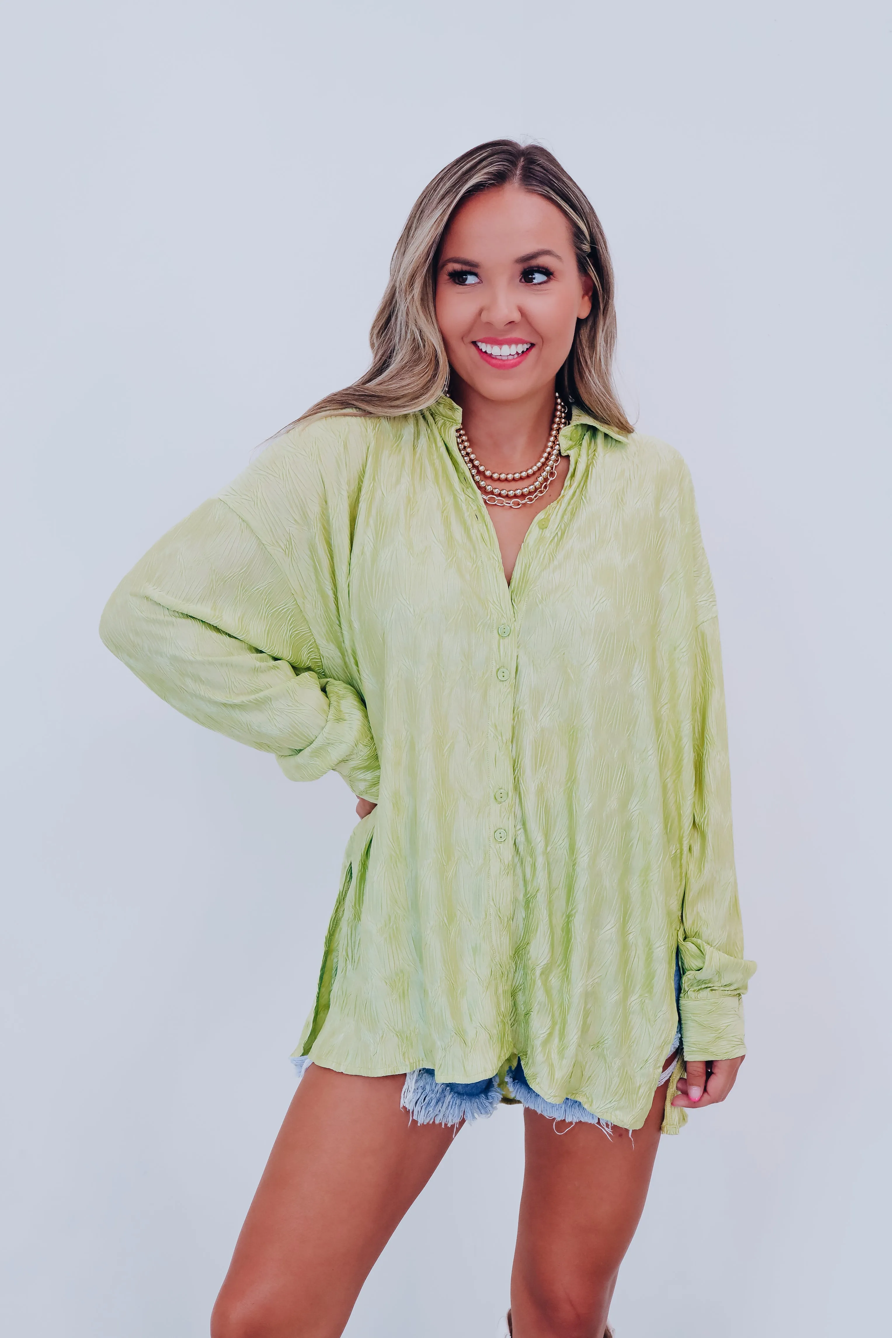 Paige Plisse Button Down Blouse - Lime