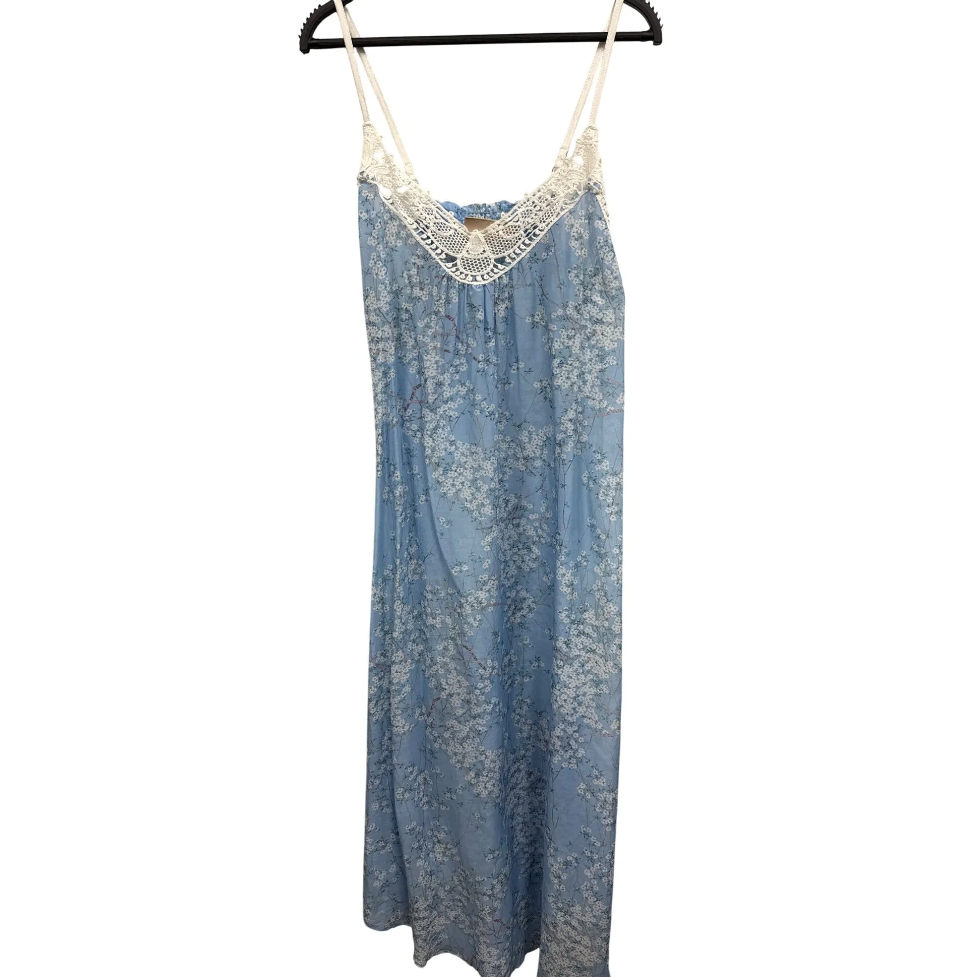 Papinelle Blue Floral Lace Trim Sleeveless Nightgown M