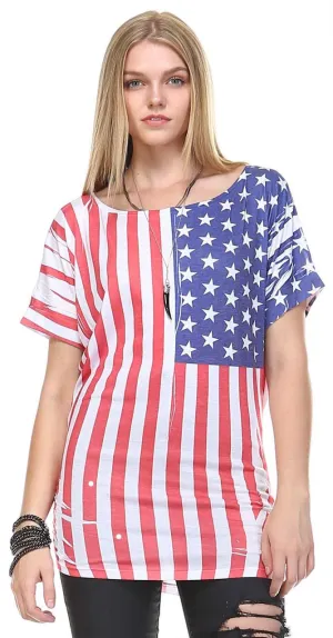 Patriotic Shirt Short Sleeve Bold Flag Red White Blue
