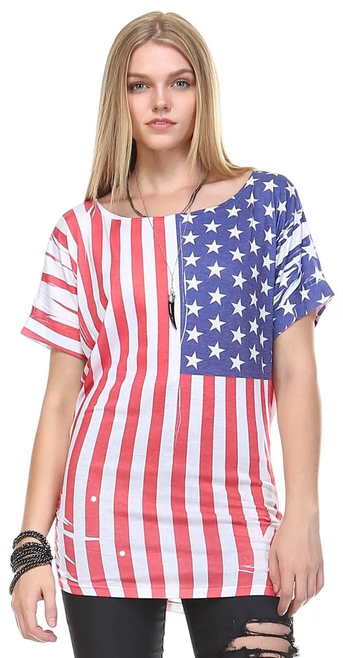 Patriotic Shirt Short Sleeve Bold Flag Red White Blue