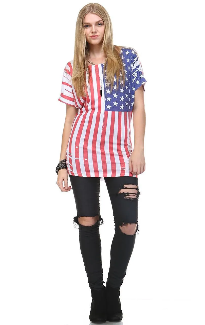 Patriotic Shirt Short Sleeve Bold Flag Red White Blue