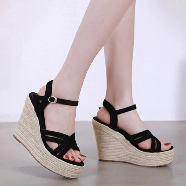 Petite Suede Leather Platform High Wedge Heel Sandals MS385