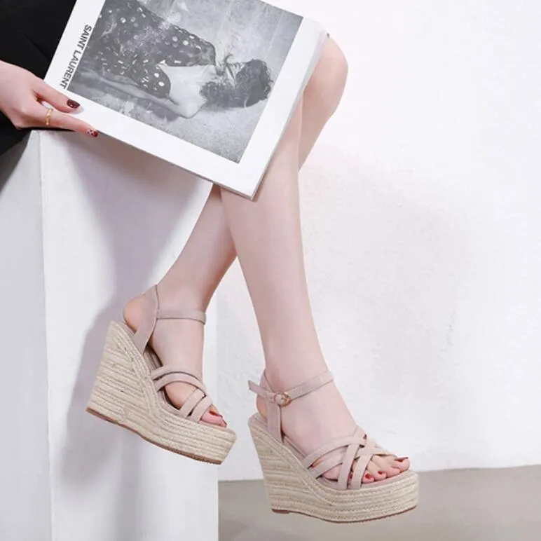 Petite Suede Leather Platform High Wedge Heel Sandals MS385