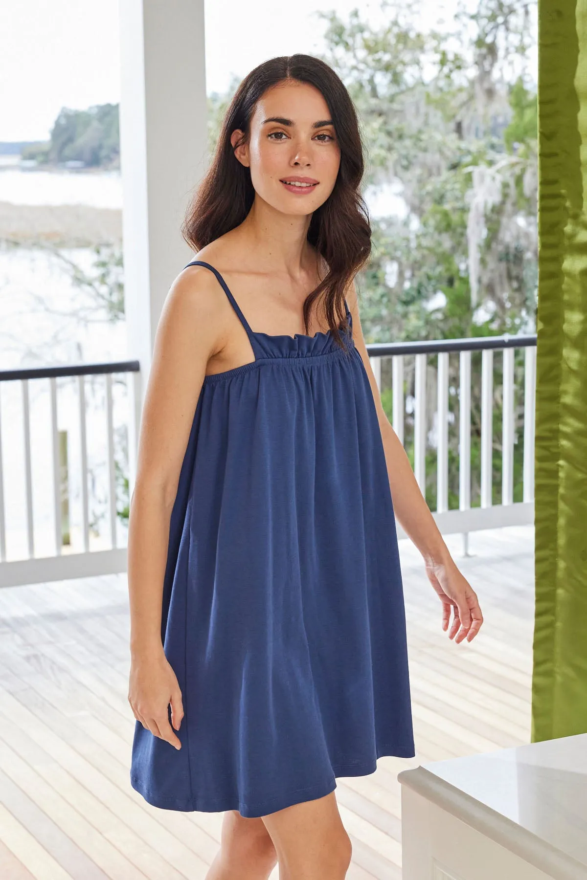 Pima Ruffle Nightgown in Navy