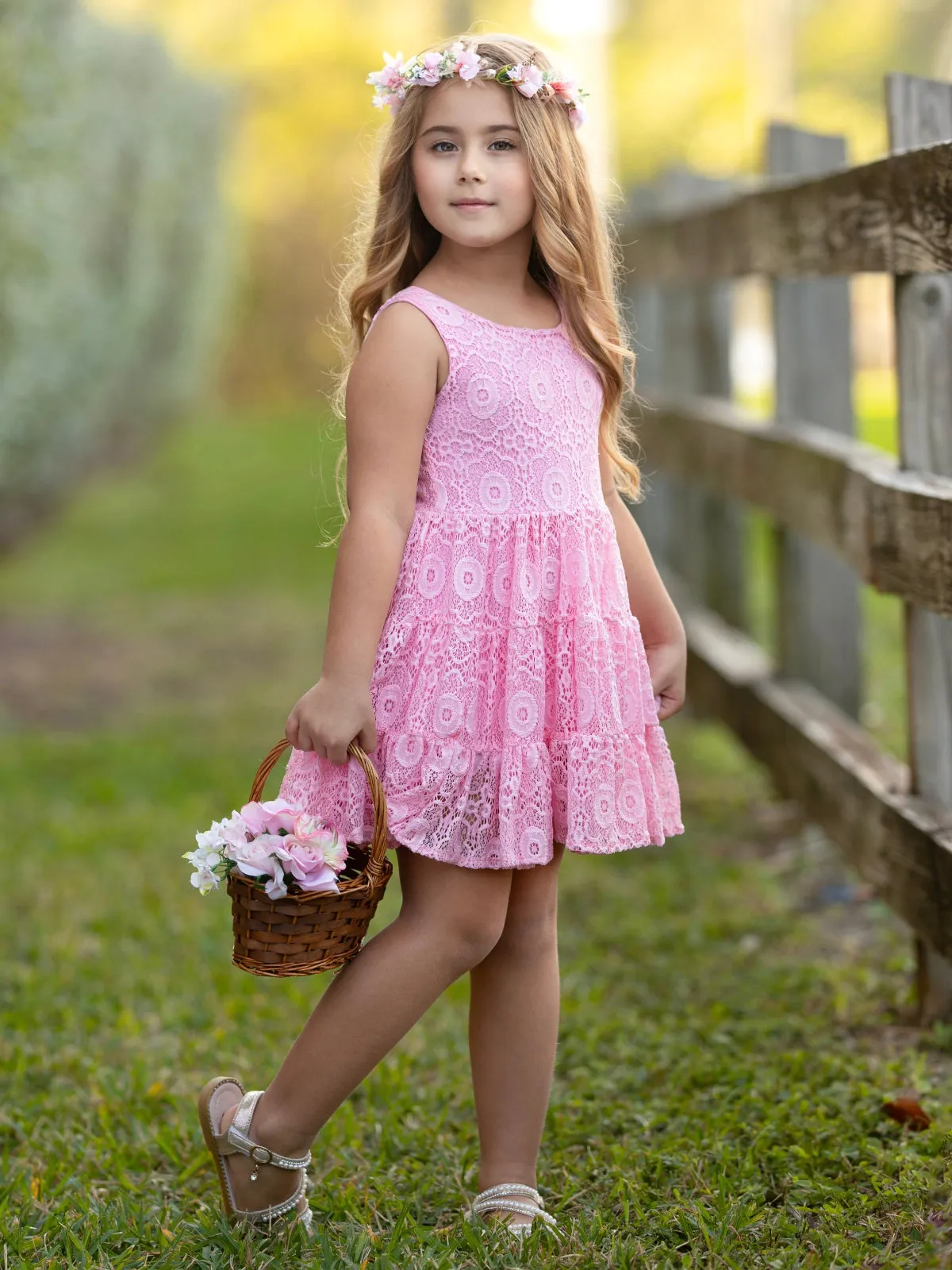 Pink Floral Lace Tiered Ruffle Dress