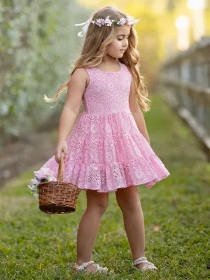 Pink Floral Lace Tiered Ruffle Dress