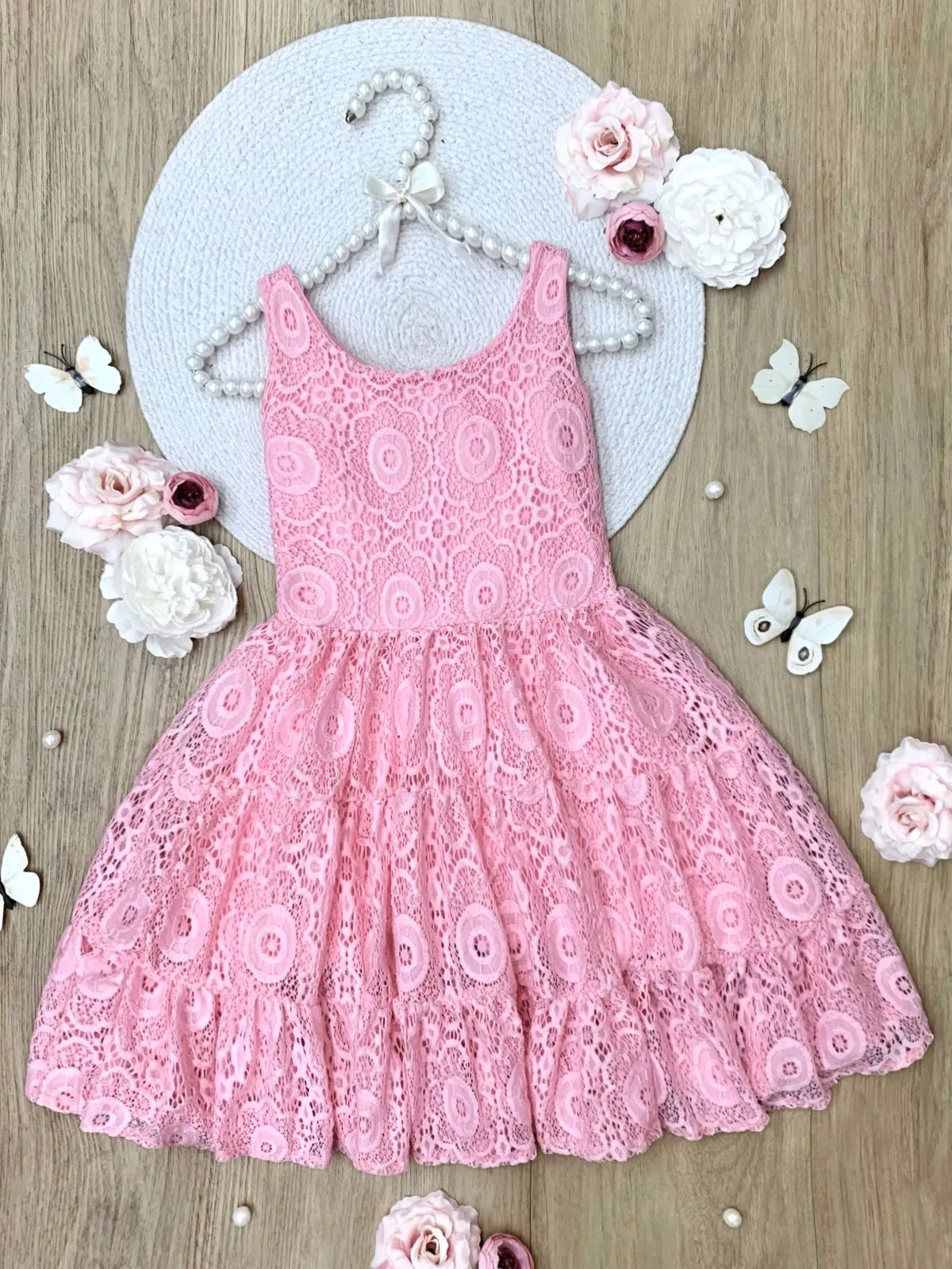 Pink Floral Lace Tiered Ruffle Dress