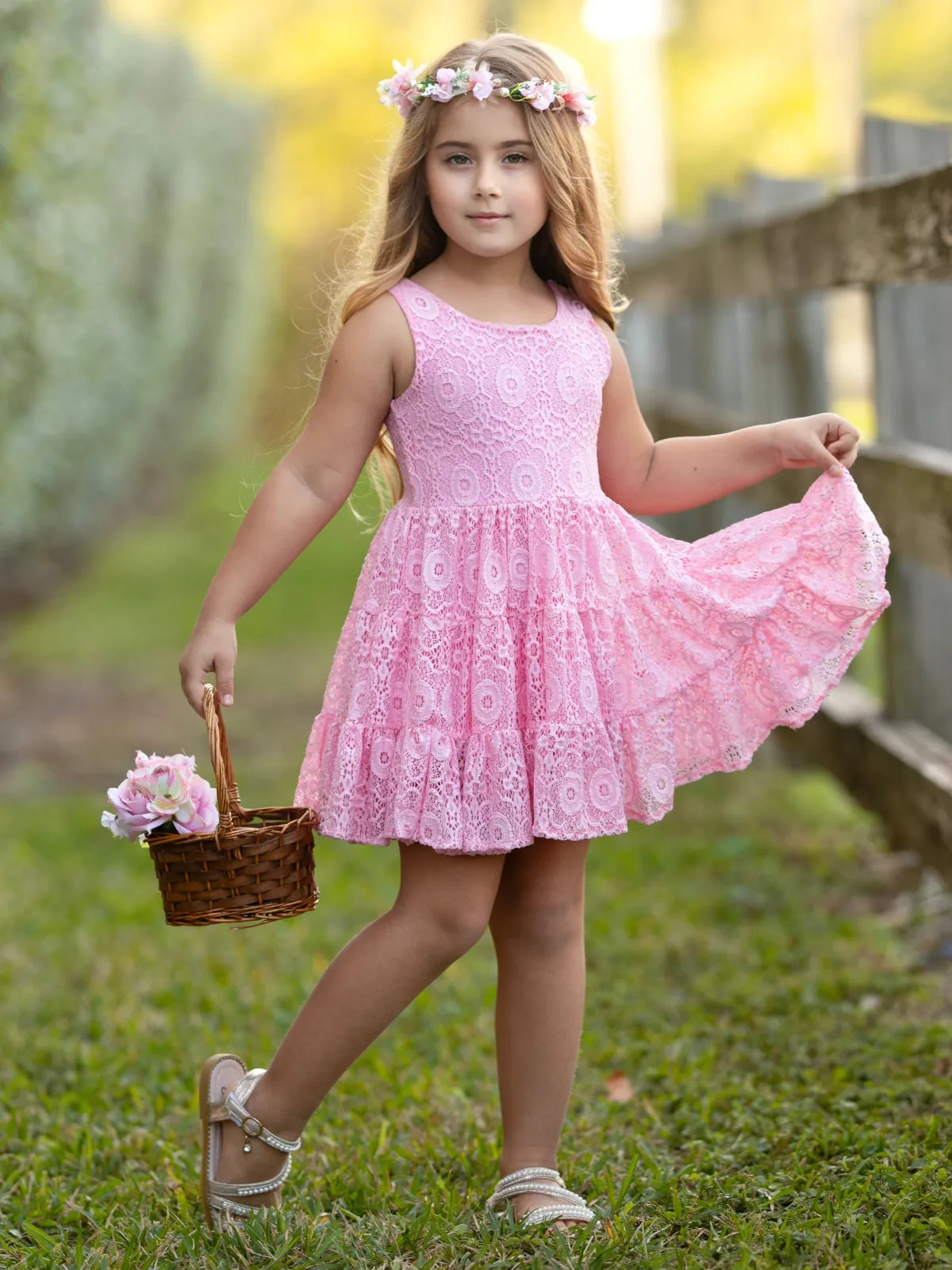 Pink Floral Lace Tiered Ruffle Dress