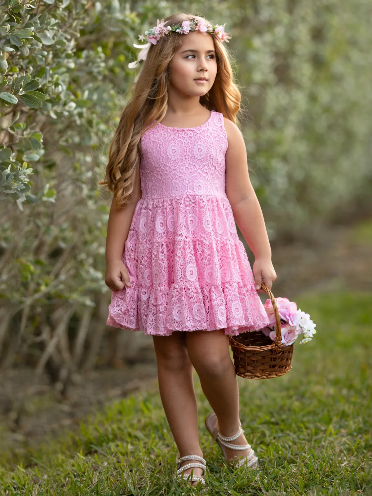 Pink Floral Lace Tiered Ruffle Dress